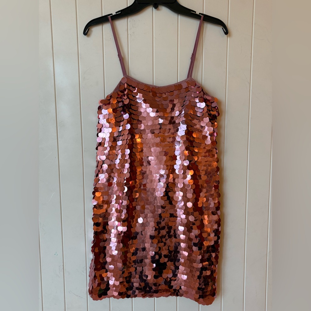 Pink large sequin adjustable strap dress size S. NWT